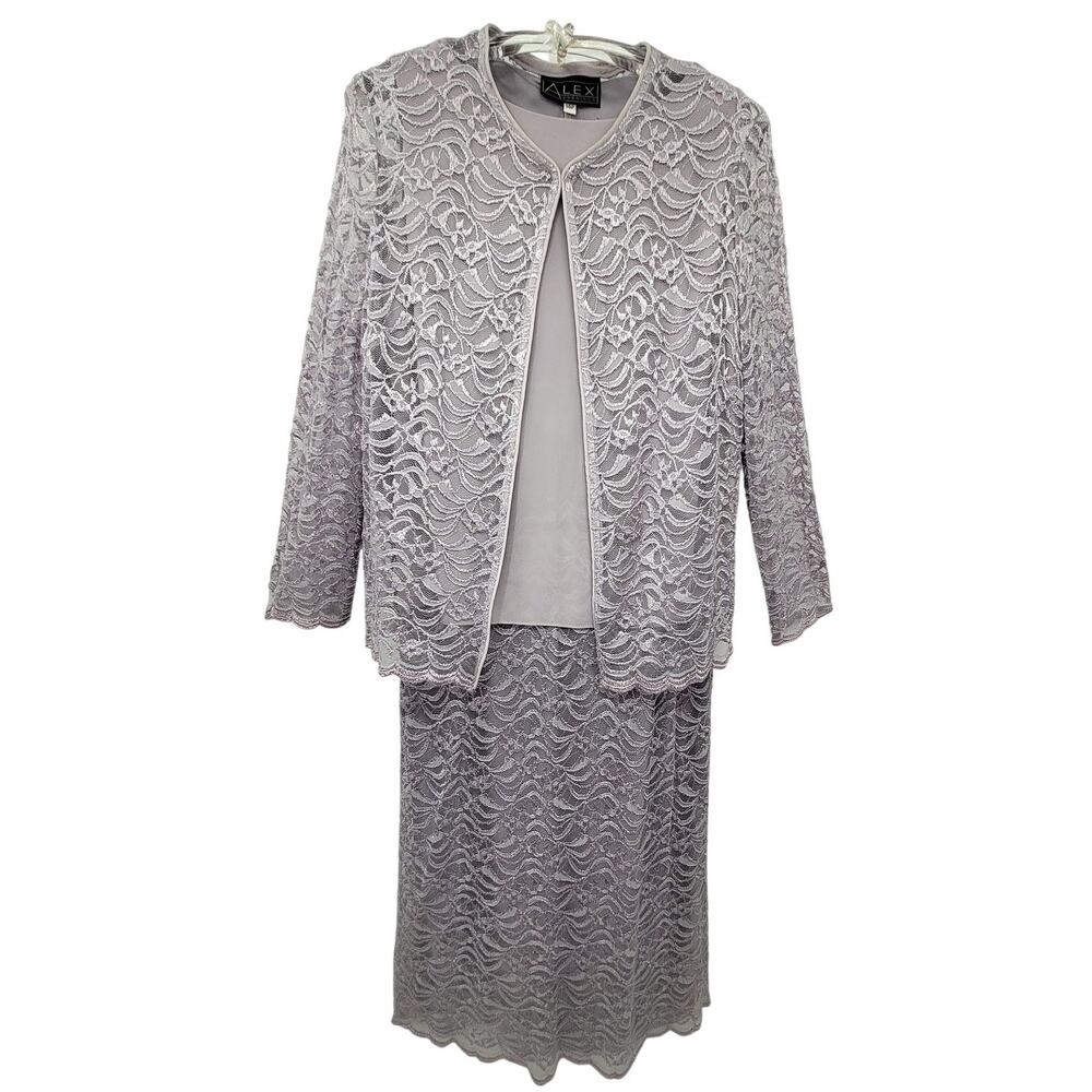Alex Evenings Gray Metallic Silver 2 Piece Formal Lace Jacket Maxi Sheath Dress